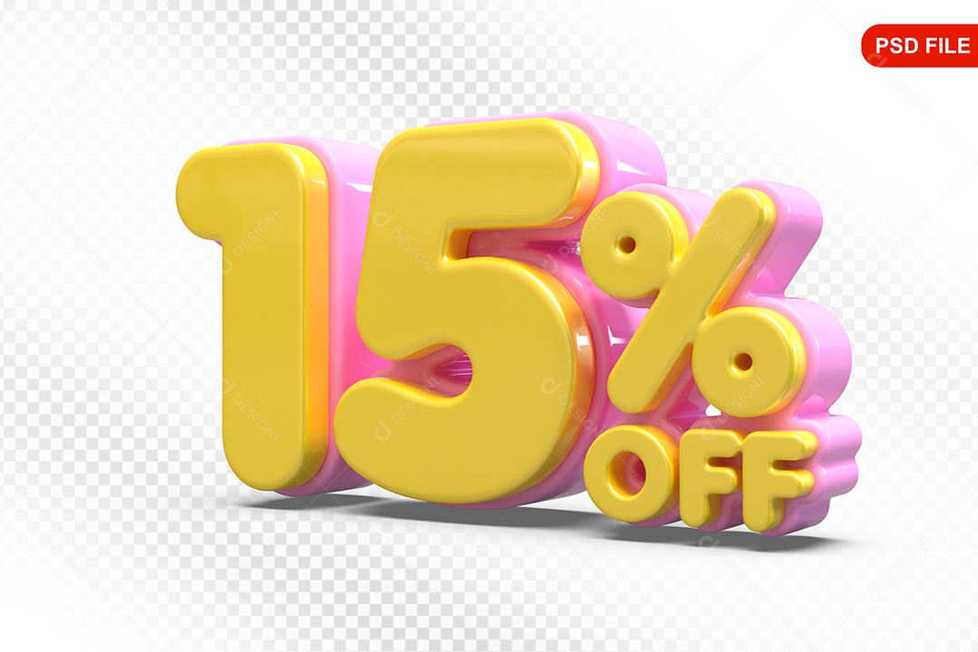 Elemento 3D Número 15% Amarelo com Rosa Para Composição PSD