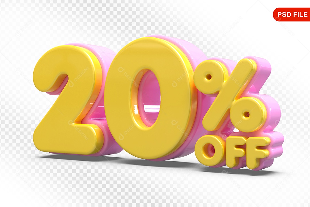 Elemento 3D Número 20% Amarelo com Rosa Para Composição PSD