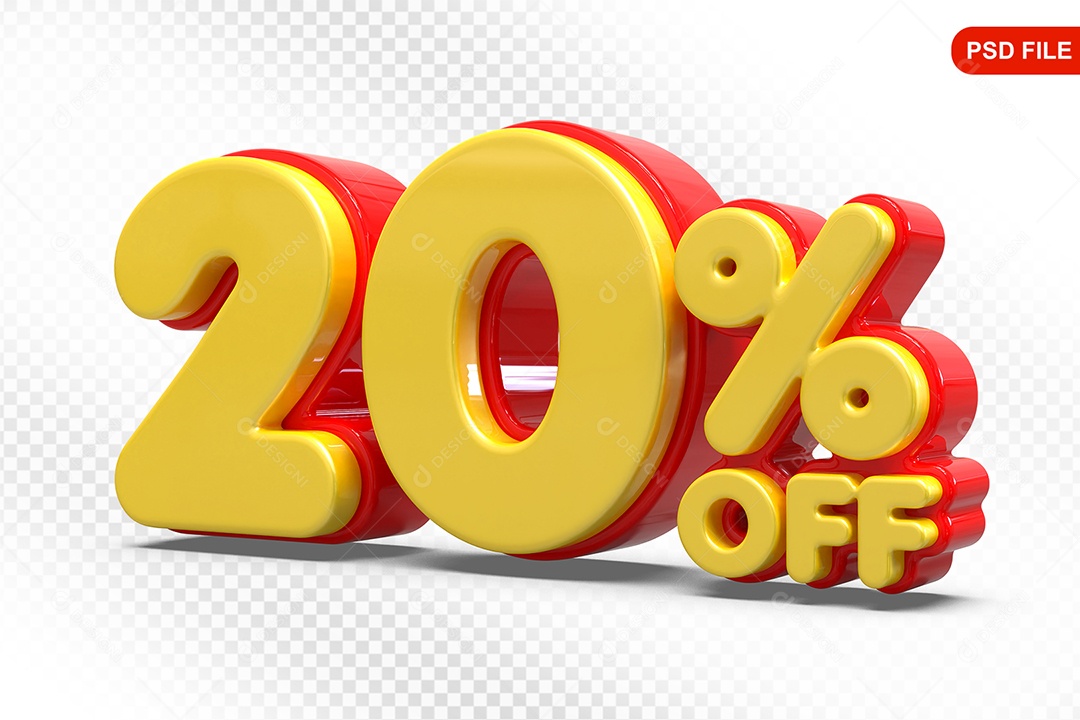 Elemento 3D Número 20% Amarelo com Vermelho Para Composição PSD