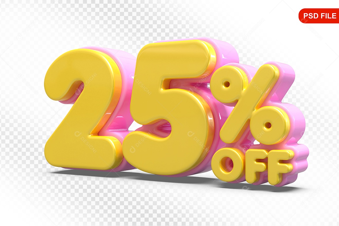Elemento 3D Número 25% Amarelo com Rosa Para Composição PSD