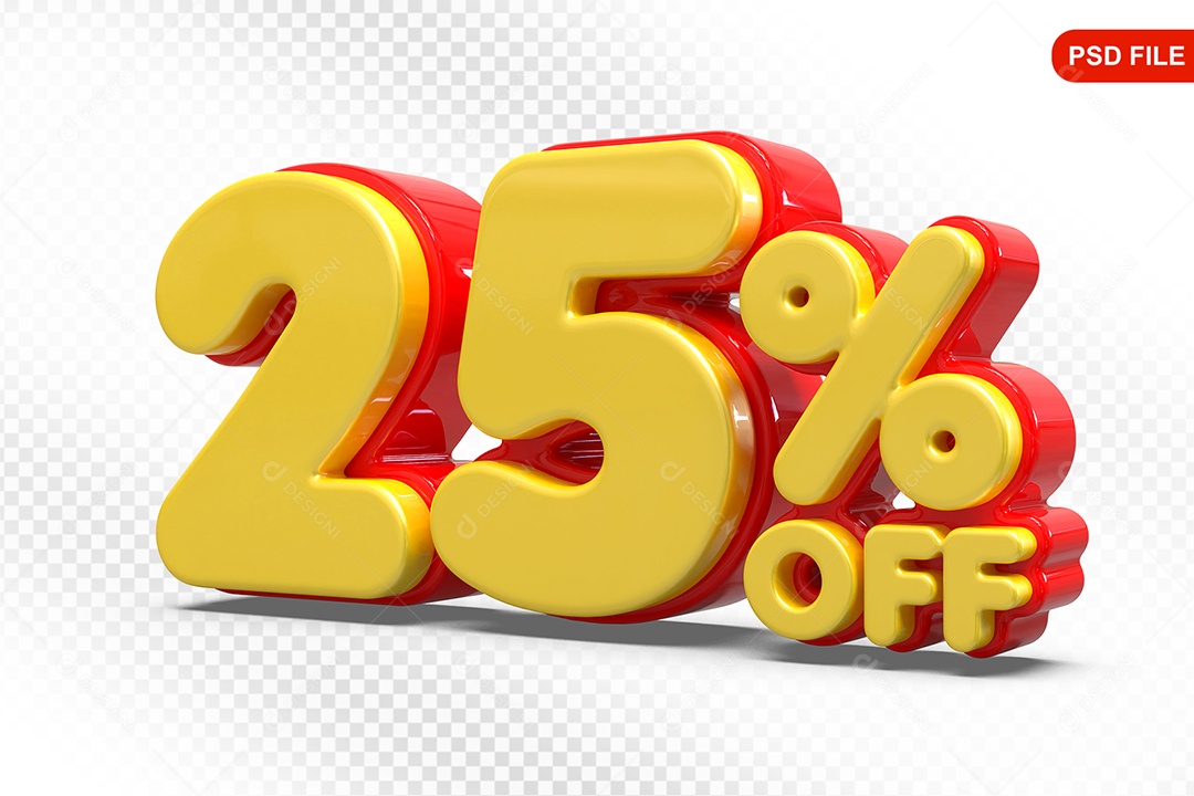 Elemento 3D Número 25% Amarelo com Vermelho Para Composição PSD
