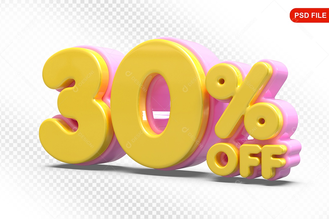 Elemento 3D Número 30% Amarelo com Rosa Para Composição PSD