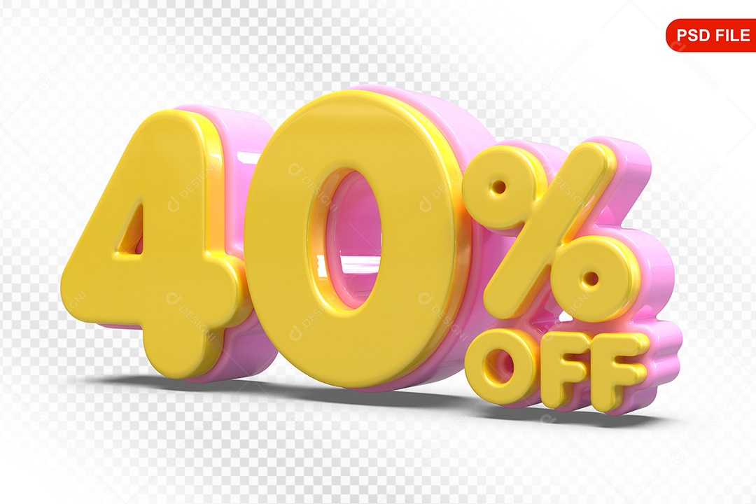Elemento 3D Número 40% Amarelo com Rosa Para Composição PSD