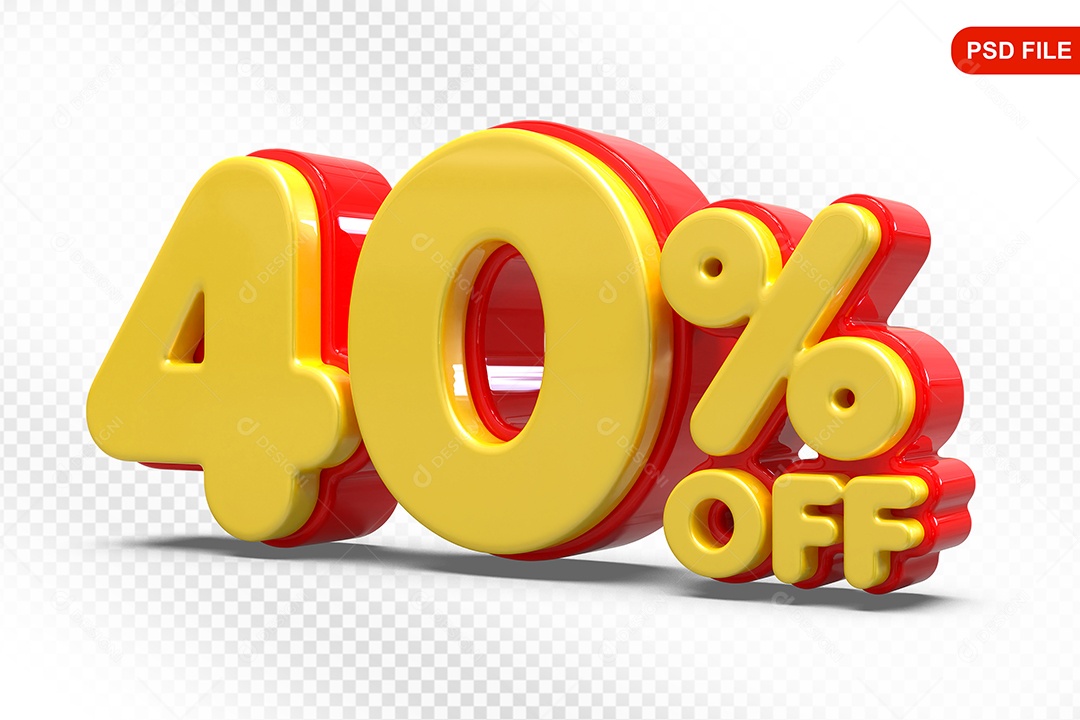 Elemento 3D Número 40% Amarelo com Vermelho Para Composição PSD