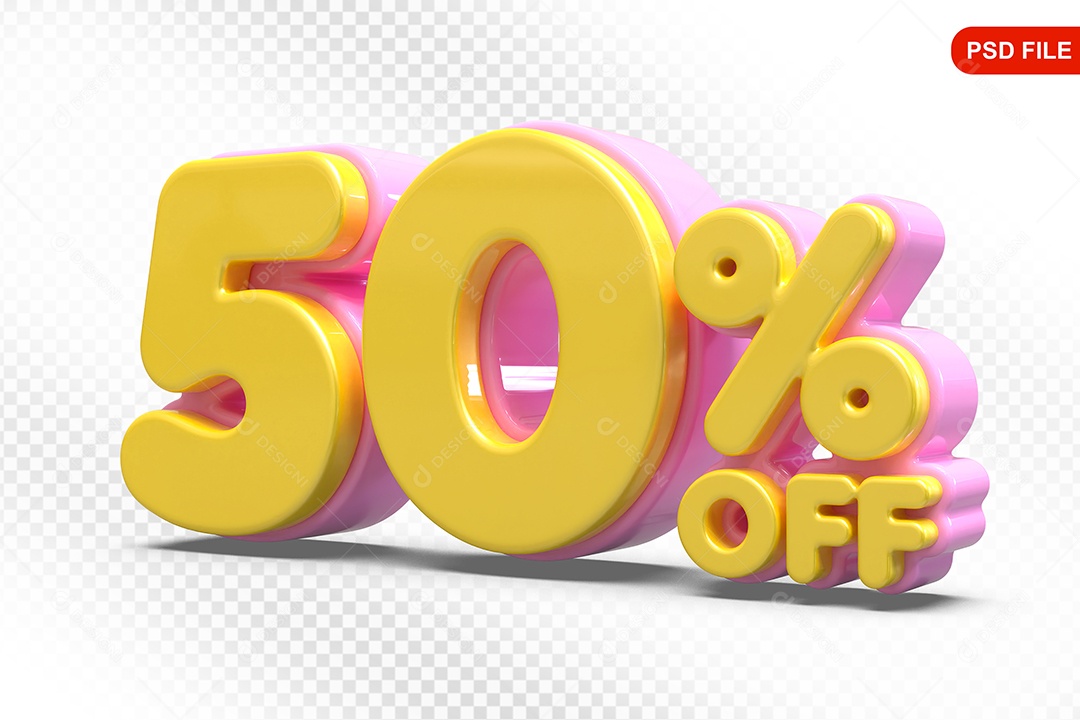 Elemento 3D Número 50% Amarelo com Rosa Para Composição PSD