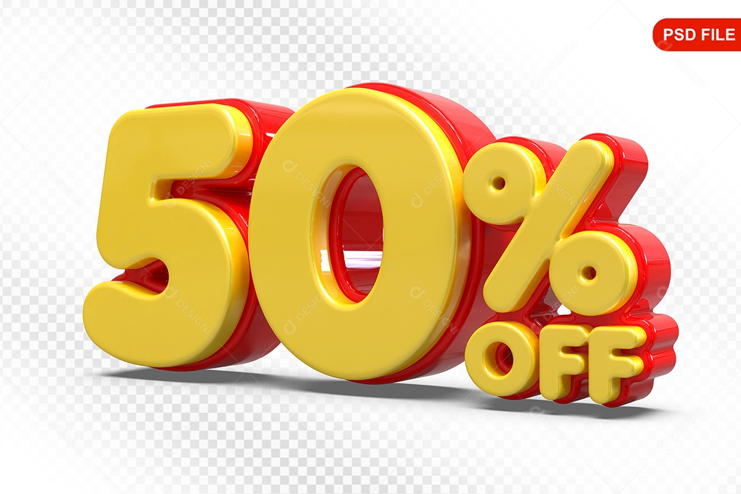 Elemento 3D Número 50% Amarelo com Vermelho Para Composição PSD