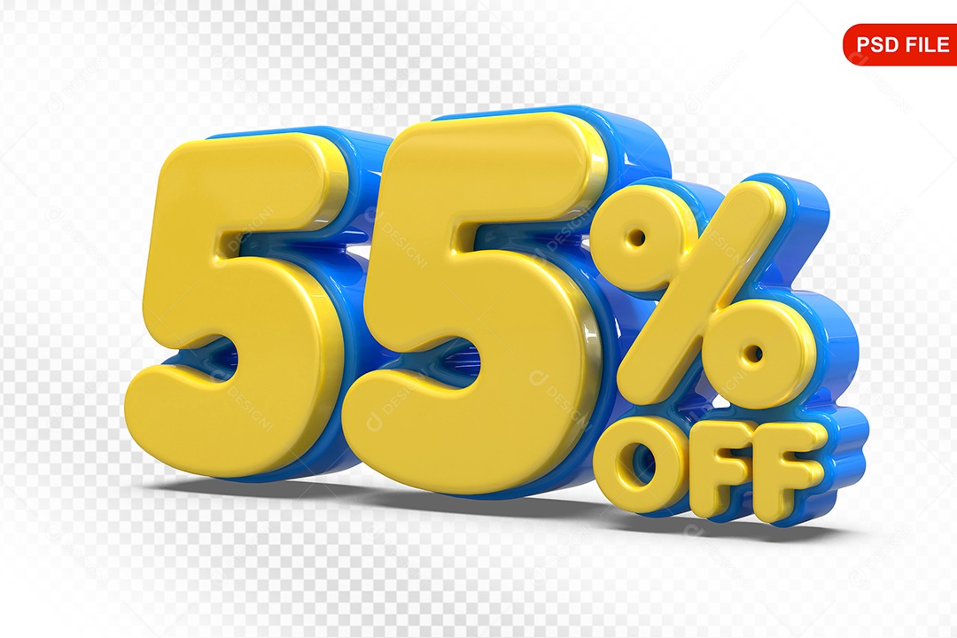 Elemento 3D Número 55% Amarelo com Azul Para Composição PSD
