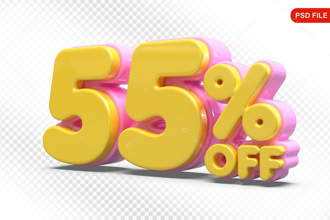 Elemento 3D Número 55% Amarelo com Rosa Para Composição PSD