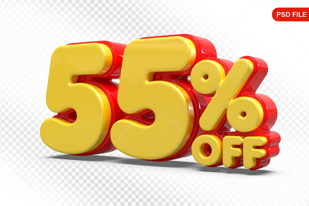 Elemento 3D Número 55% Amarelo com Vermelho Para Composição PSD
