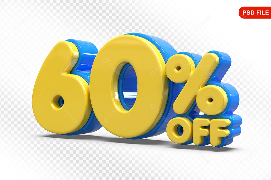 Elemento 3D Número 60% Amarelo com Azul Para Composição PSD
