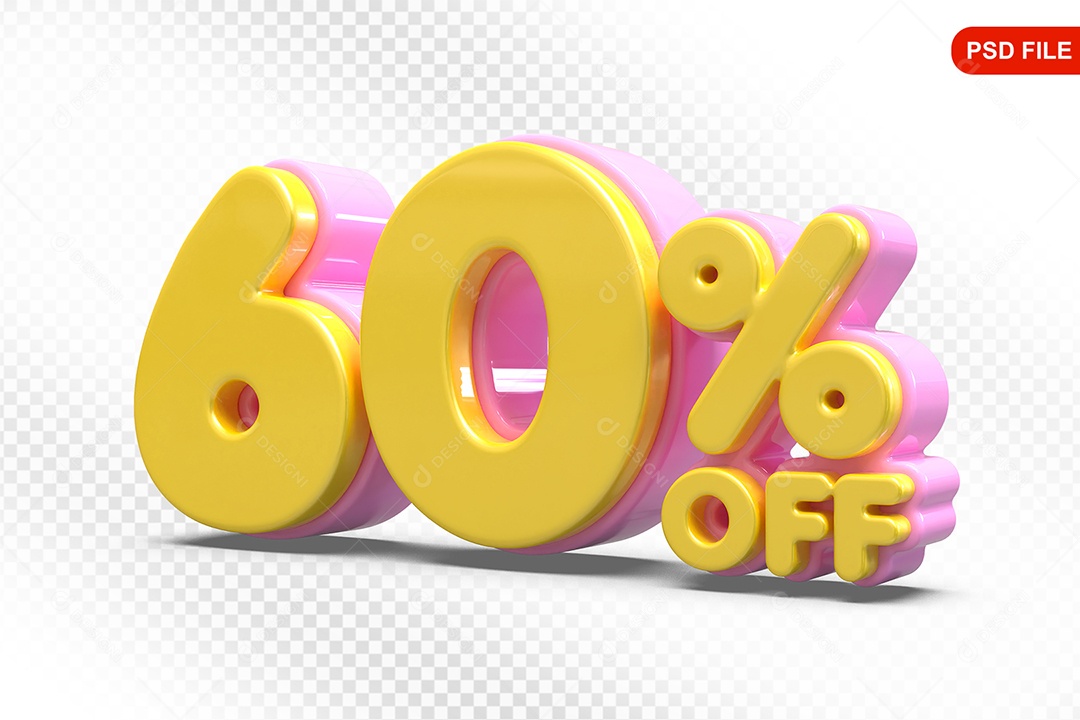 Elemento 3D Número 60% Amarelo com Rosa Para Composição PSD