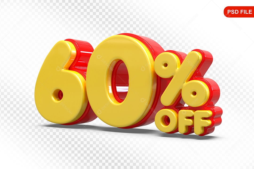 Elemento 3D Número 60% Amarelo com Vermelho Para Composição PSD