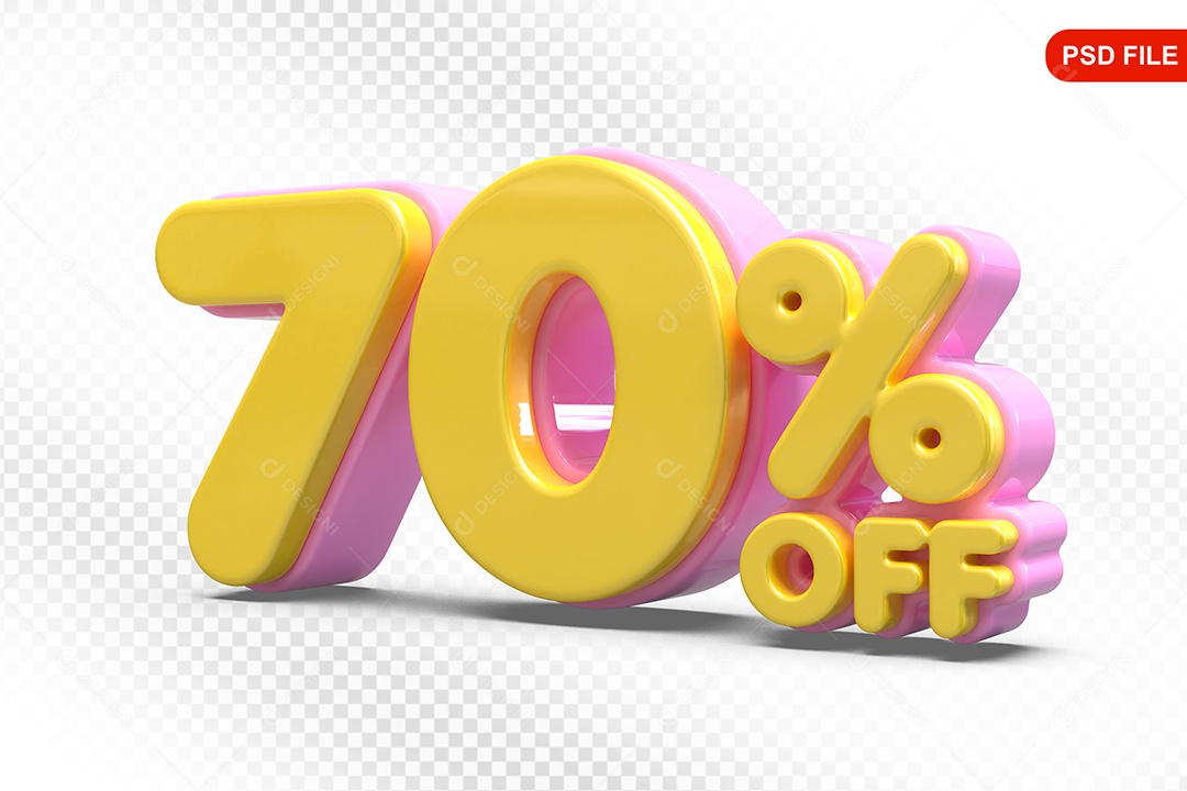 Elemento 3D Número 70% Amarelo com Rosa Para Composição PSD