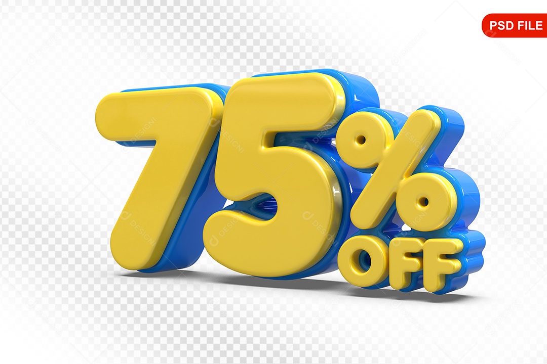 Elemento 3D Número 75% Amarelo com Azul Para Composição PSD