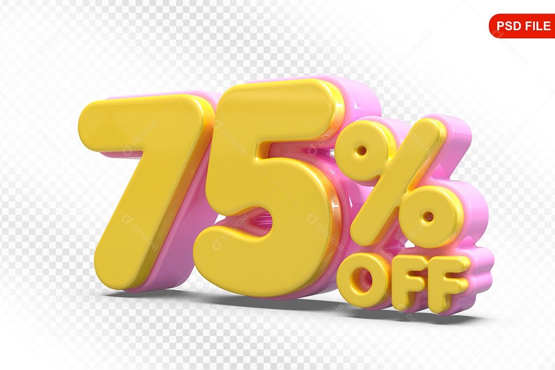 Elemento 3D Número 75% Amarelo com Rosa Para Composição PSD