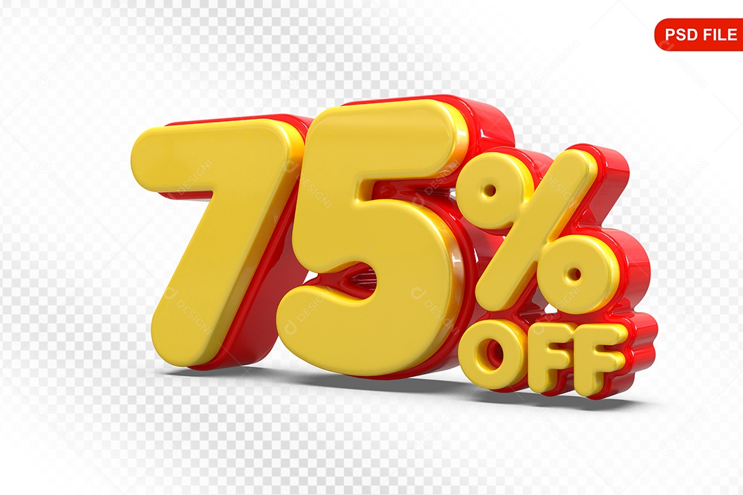 Elemento 3D Número 75% Amarelo com Vermelho Para Composição PSD