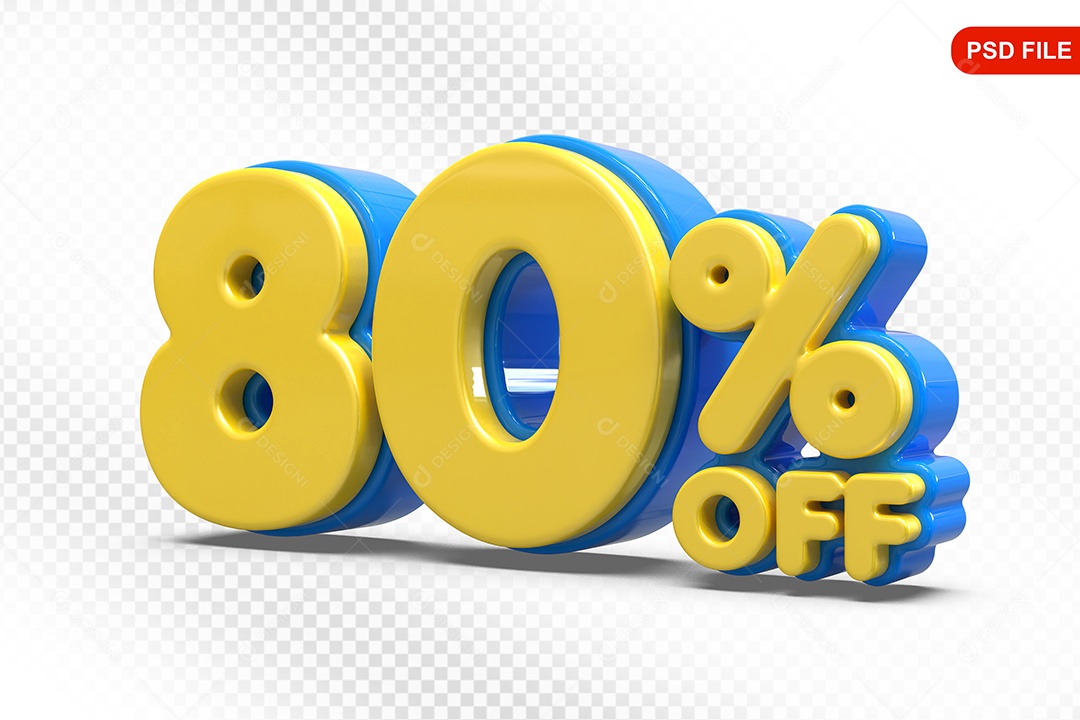 Elemento 3D Número 80% Amarelo com Azul Para Composição PSD