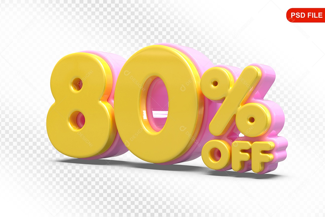 Elemento 3D Número 80% Amarelo com Rosa Para Composição PSD