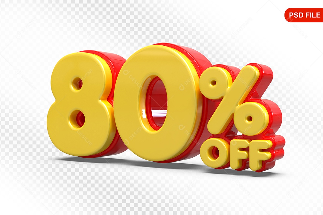 Elemento 3D Número 80% Amarelo com Vermelho Para Composição PSD