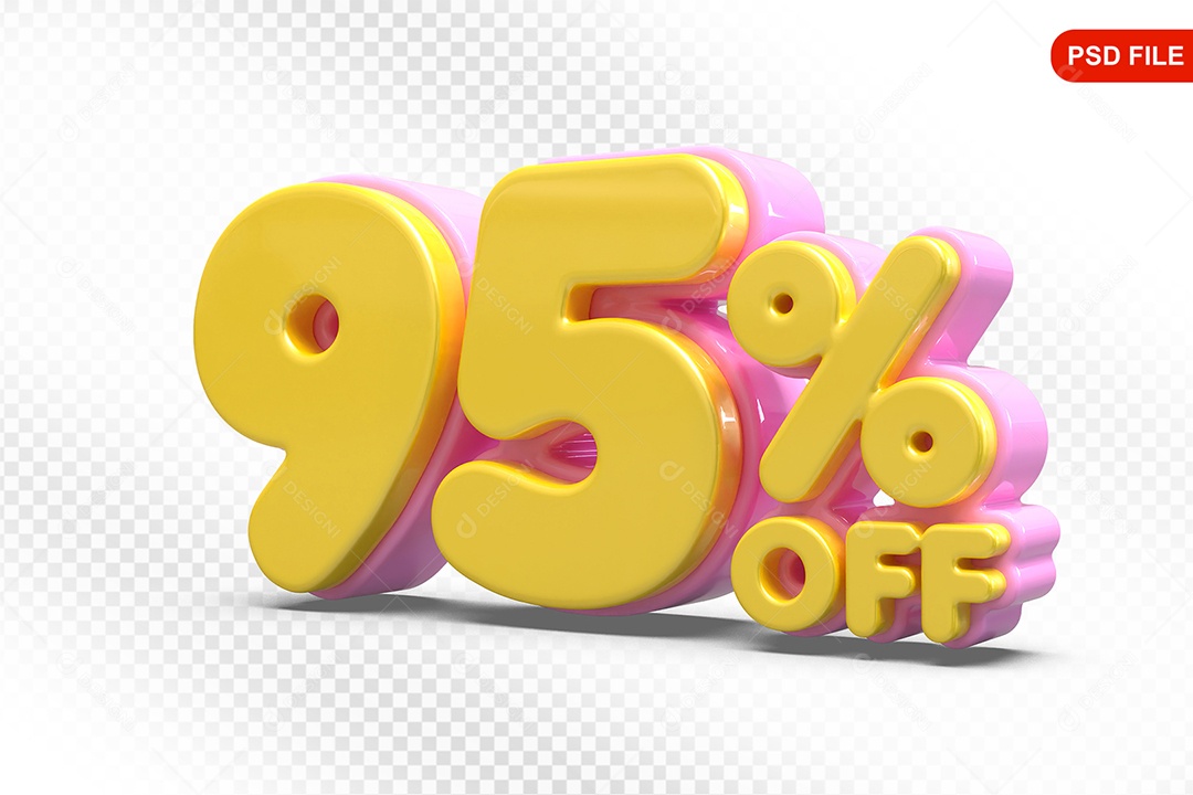 Elemento 3D Número 95% Amarelo com Rosa Para Composição PSD