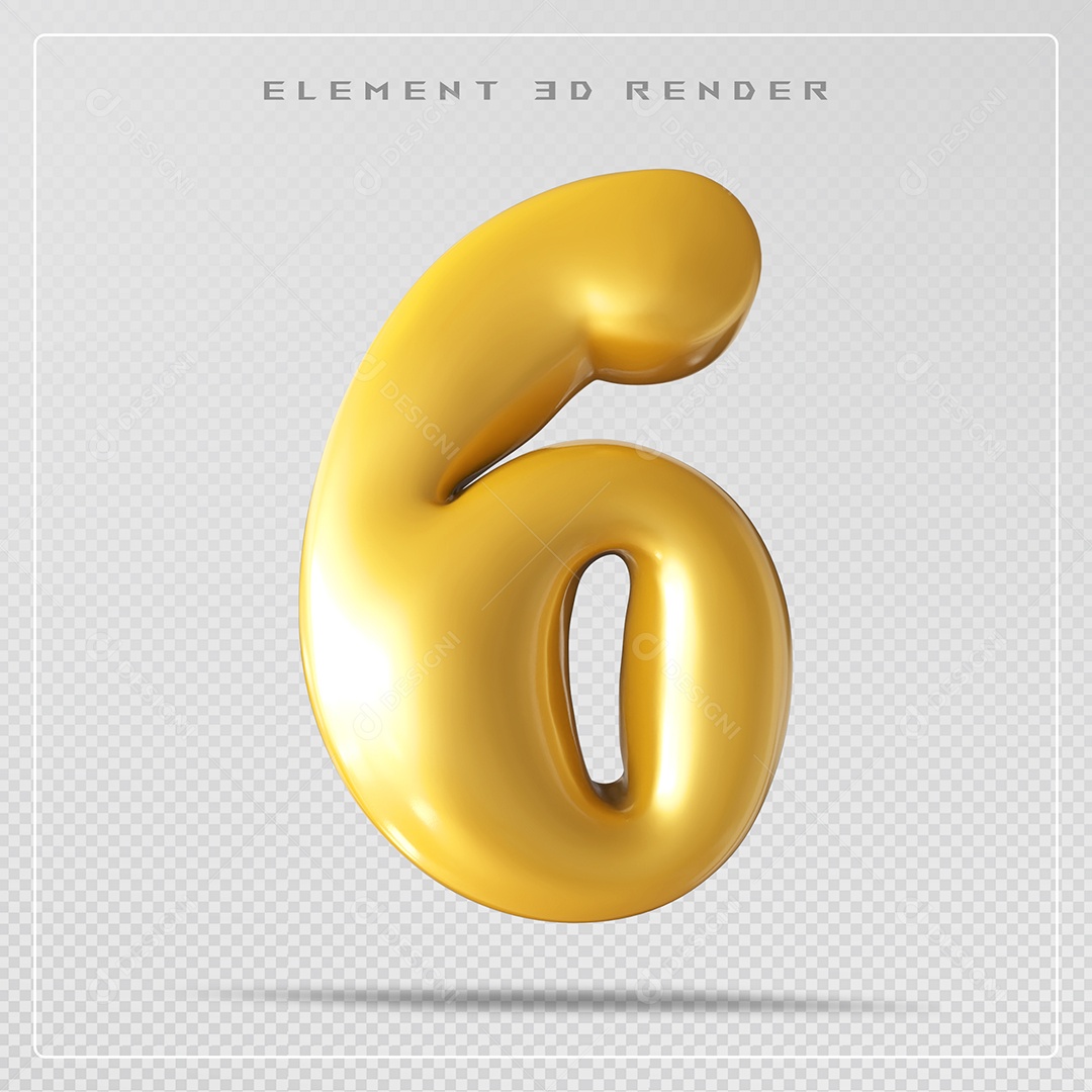 Elemento 3D Número 6 Dourado  para Composição PSD