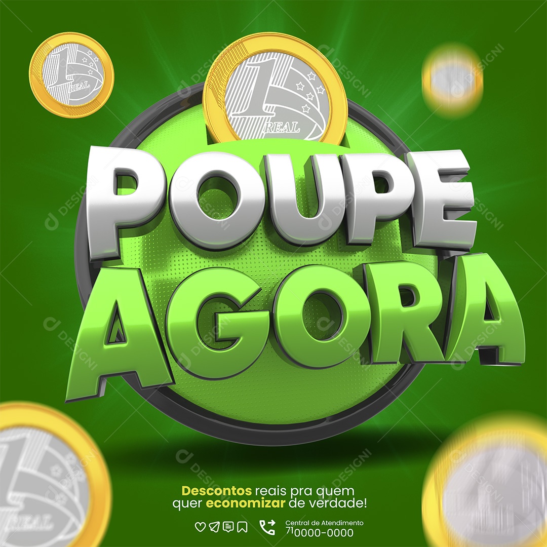 Poupe Agora Selo 3D Cinza e Verde Para Composição PSD