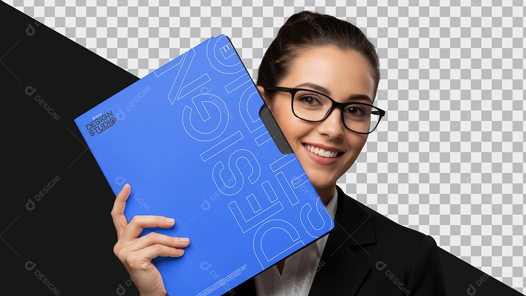 Mockup Papelaria Mulher Executiva Com Pasta Na Mão PSD Editável