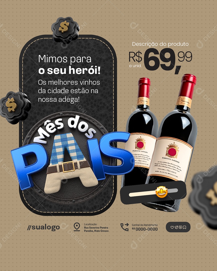 Mês dos Pais Supermercado Mimos Vinho Social Media PSD Editável