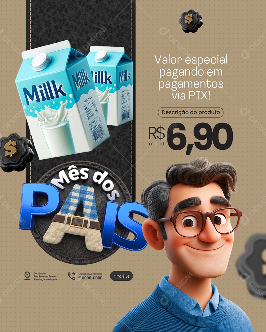 Mês dos Pais Supermercado Caixa de Leite Social Media PSD Editável