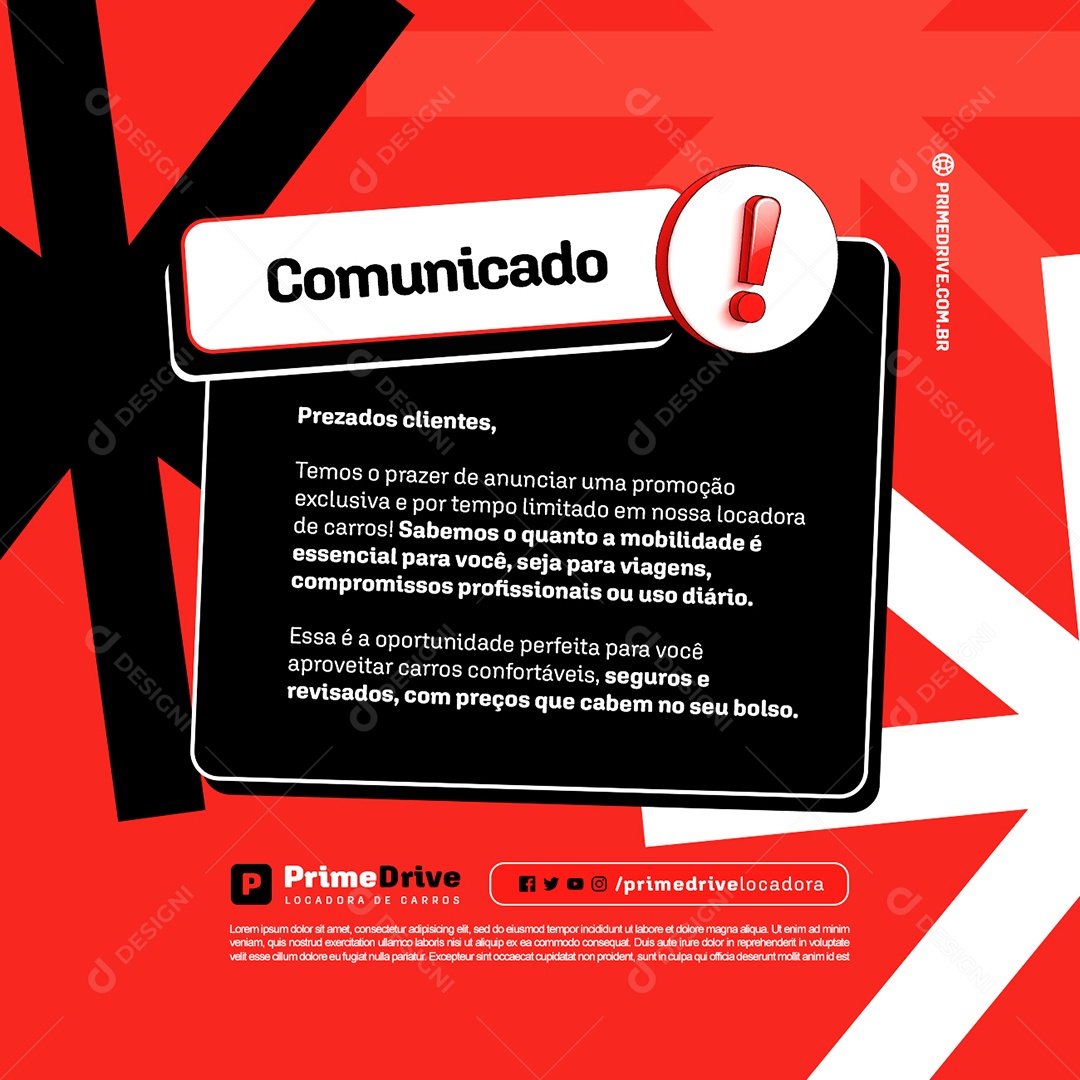Locação De Carros Comunicado Social Media PSD Editável