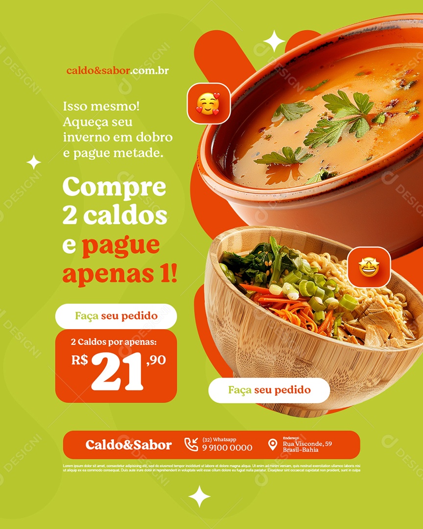 Caldo Quente Compre Dois Caldos e Pague Apenas Um Social Media PSD Editável