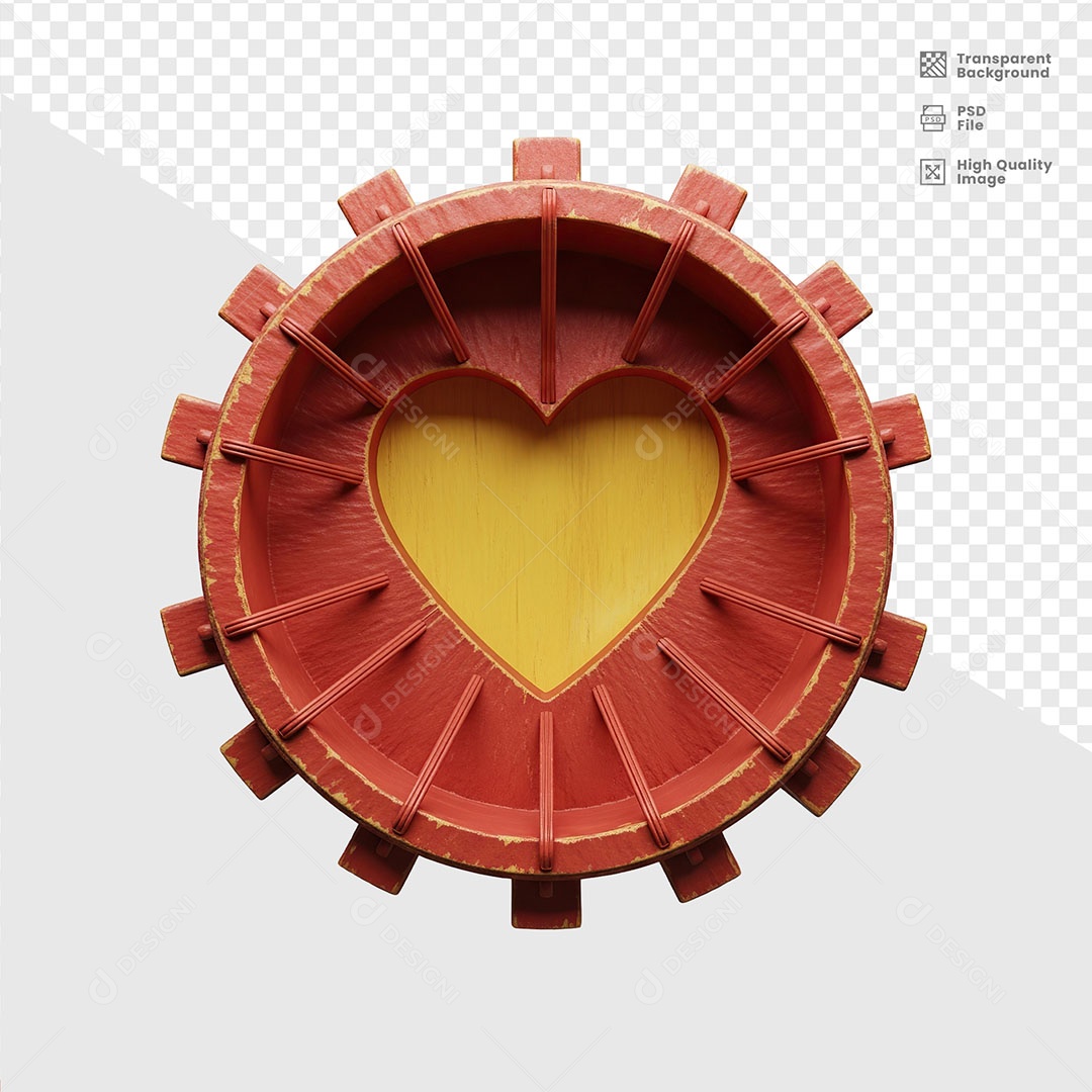 Painel Base de Madeira e Coração Elemento 3D para Composição PSD