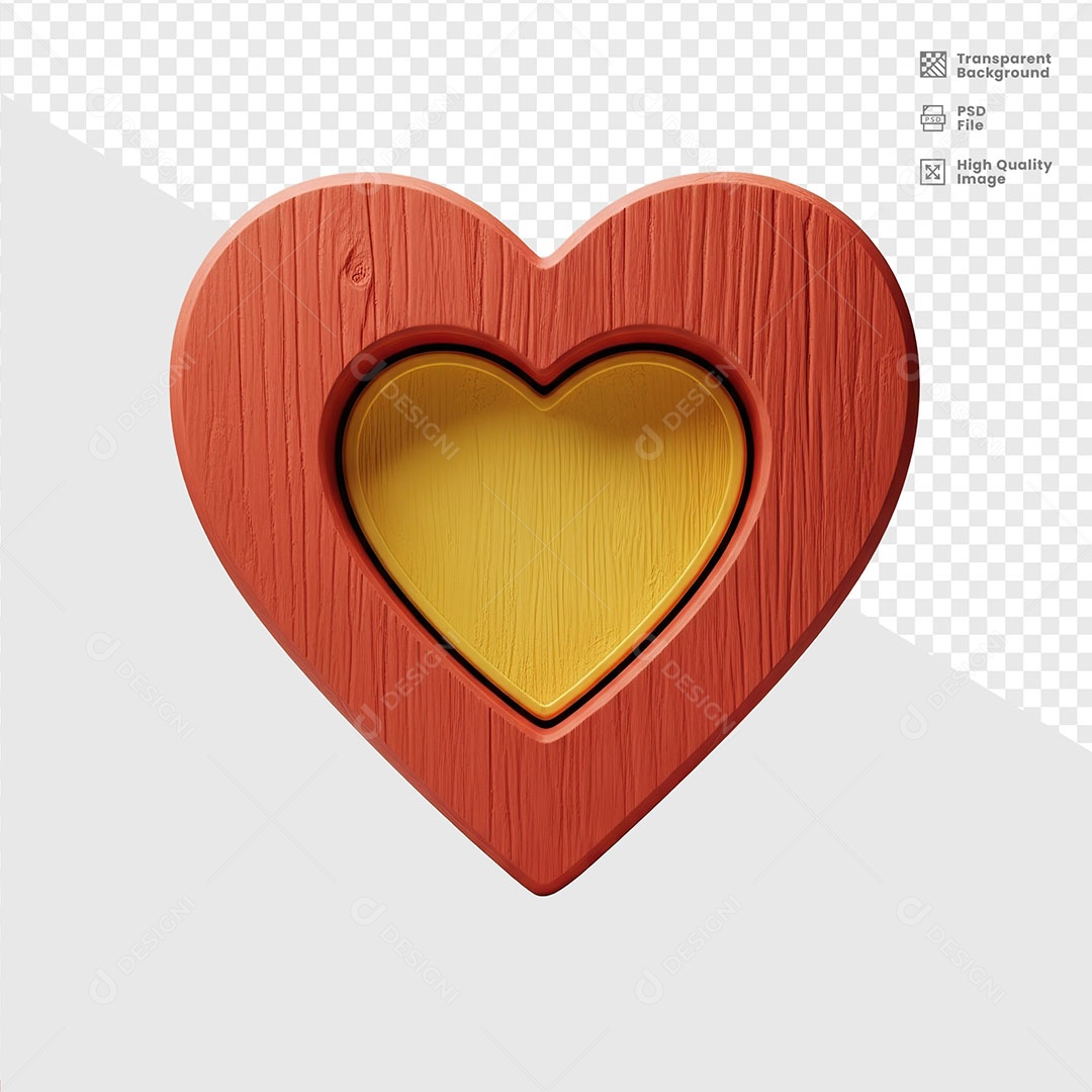 Painel Base de Madeira e Coração Elemento 3D para Composição PSD