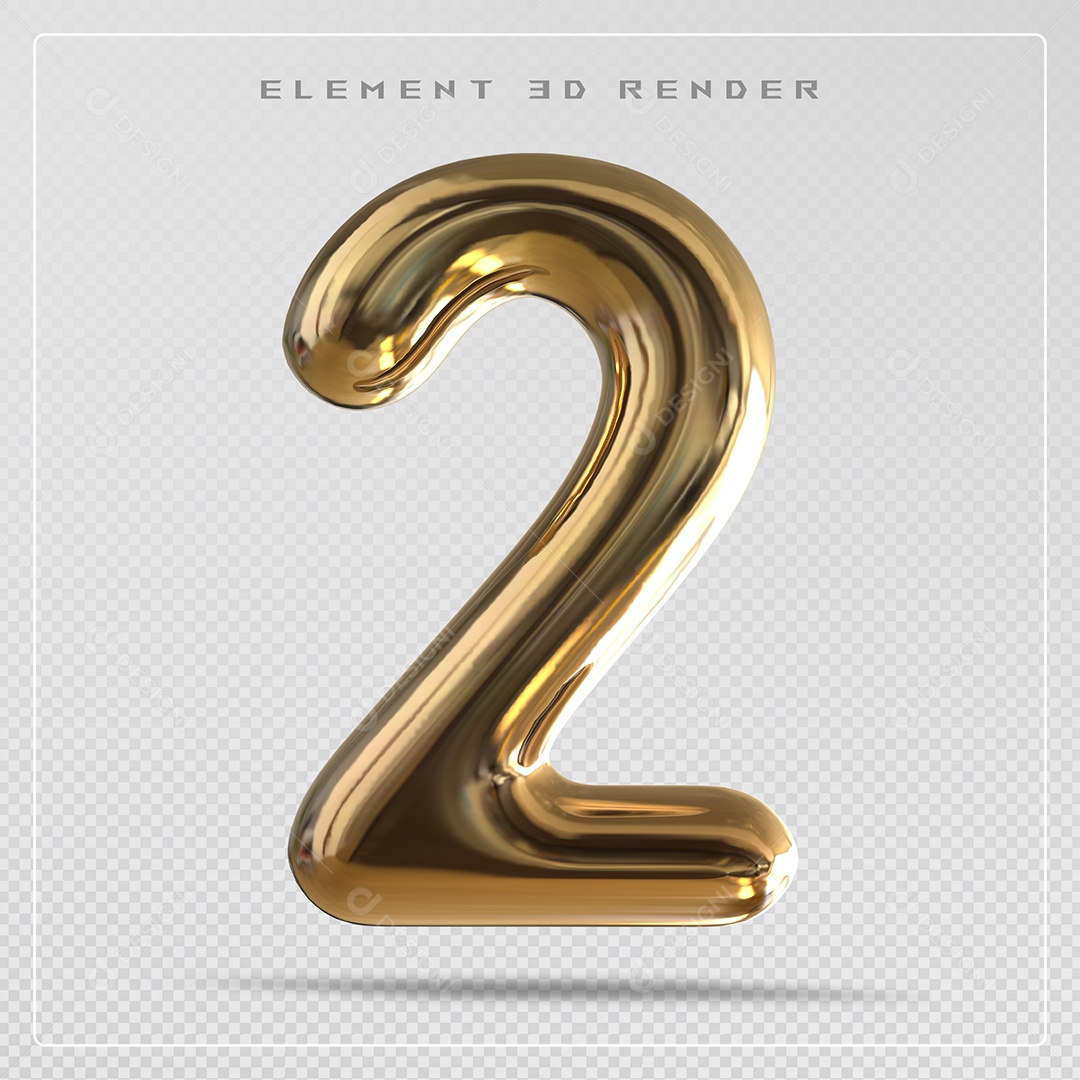 Elemento 3D Número 2 Dourado  para Composição PSD