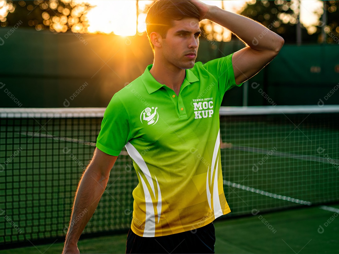 Camiseta Polo em Homem na Quadra de Tênis Mockup PSD Editável