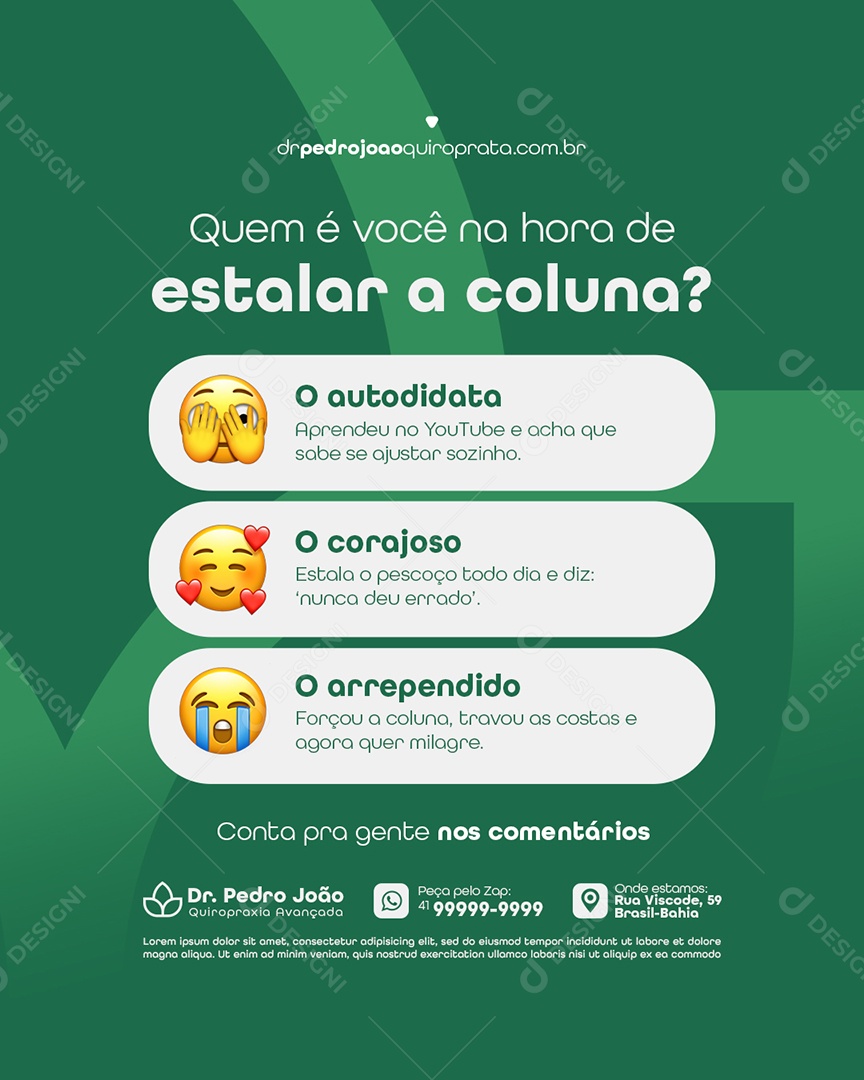 Quiropraxia Quem é Você na Hora de Estalar a Coluna Social Media PSD Editável