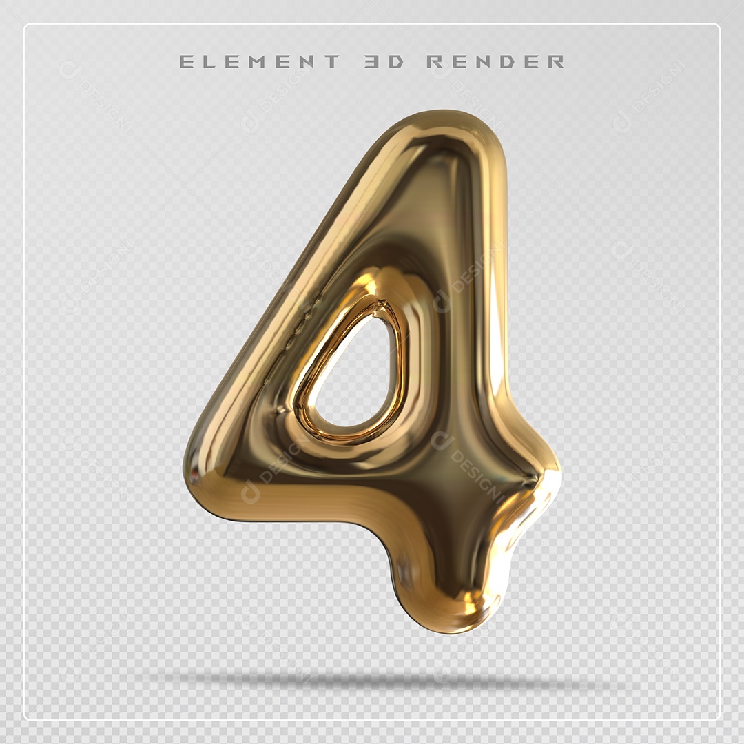 Elemento 3D Número 4 Dourado  para Composição PSD
