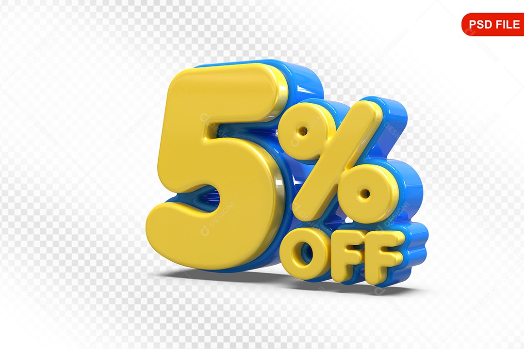 Elemento 3D Número 5% Amarelo com Azul Para Composição PSD