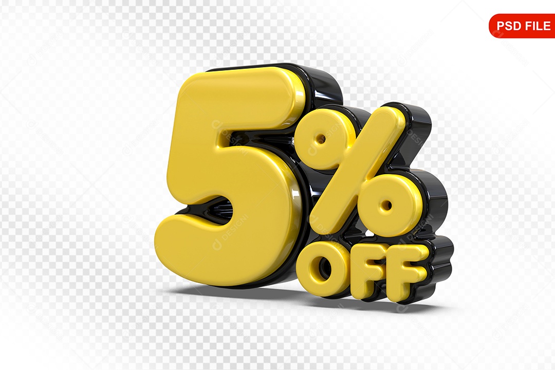 Elemento 3D Número 5% Amarelo com Preto Para Composição PSD