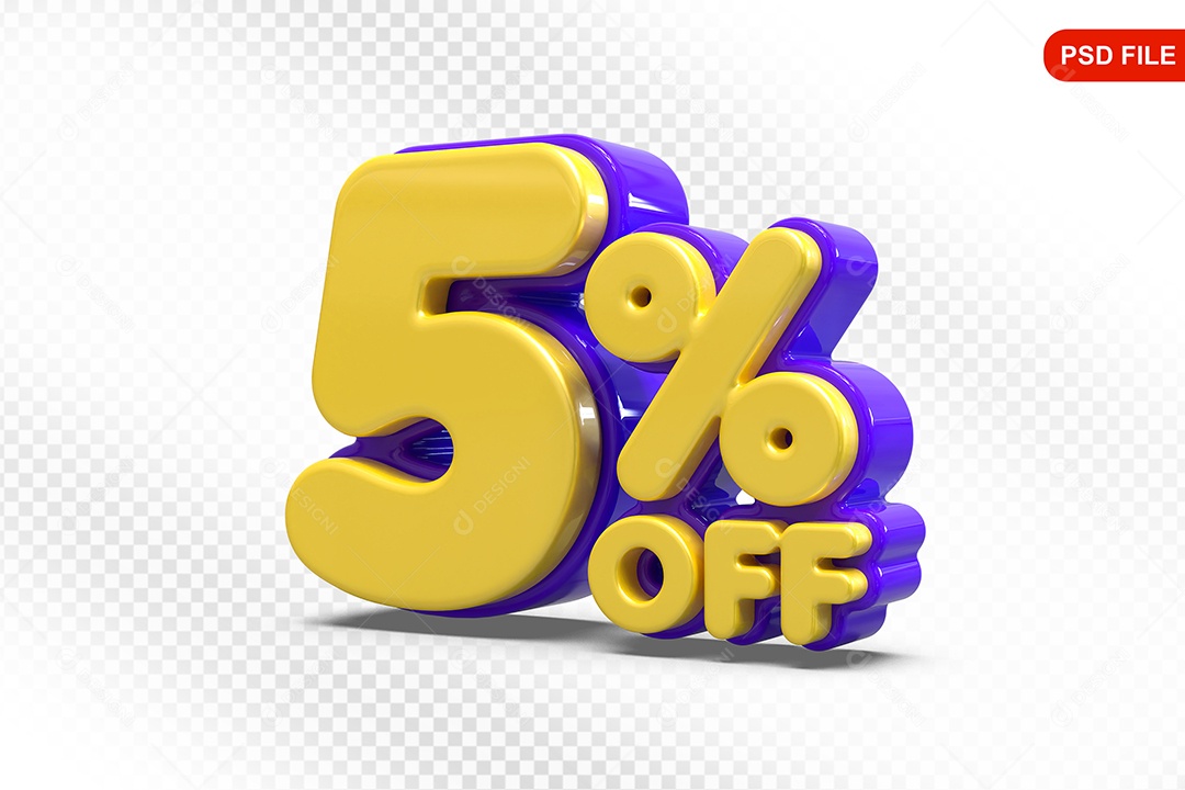 Elemento 3D Número 5% Amarelo com Roxo Para Composição PSD