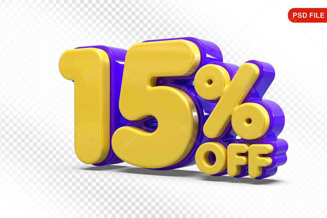 Elemento 3D Número 15% Amarelo com Roxo Para Composição PSD