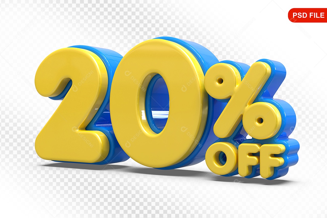 Elemento 3D Número 20% Amarelo com Azul Para Composição PSD