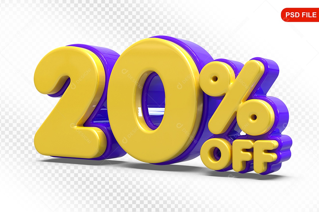 Elemento 3D Número 20% Amarelo com Roxo Para Composição PSD