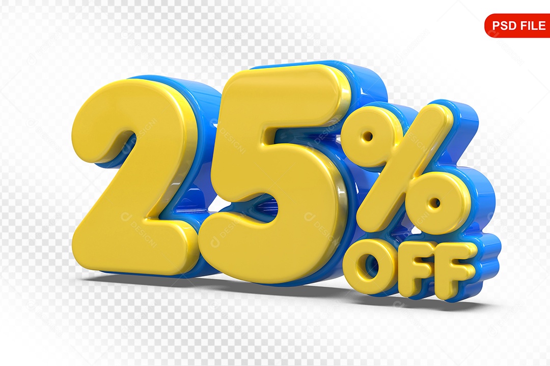 Elemento 3D Número 25% Amarelo com Azul Para Composição PSD
