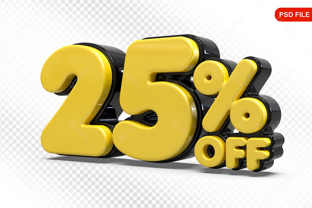 Elemento 3D Número 25% Amarelo com Preto Para Composição PSD
