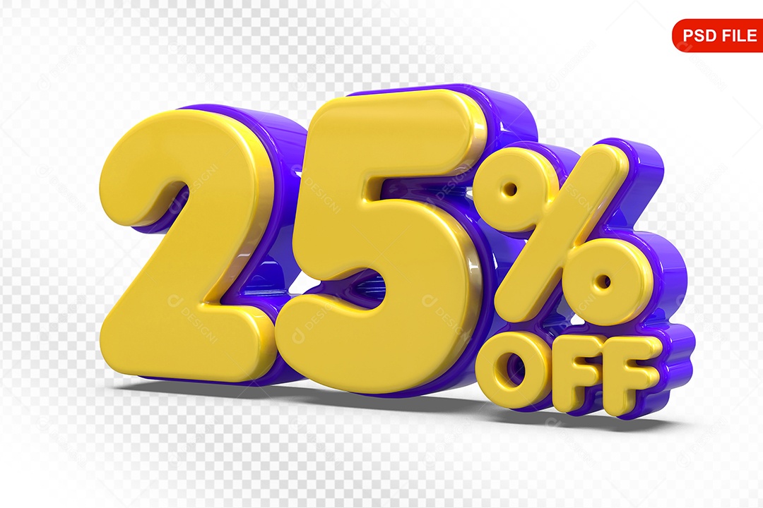 Elemento 3D Número 25% Amarelo com Roxo Para Composição PSD