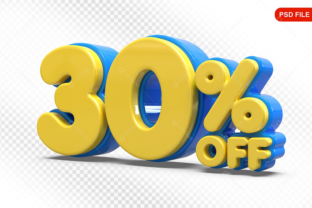 Elemento 3D Número 30% Amarelo com Azul Para Composição PSD