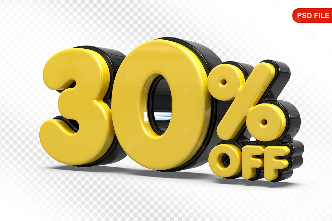 Elemento 3D Número 30% Amarelo com Preto Para Composição PSD