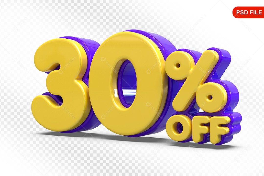 Elemento 3D Número 30% Amarelo com Roxo Para Composição PSD
