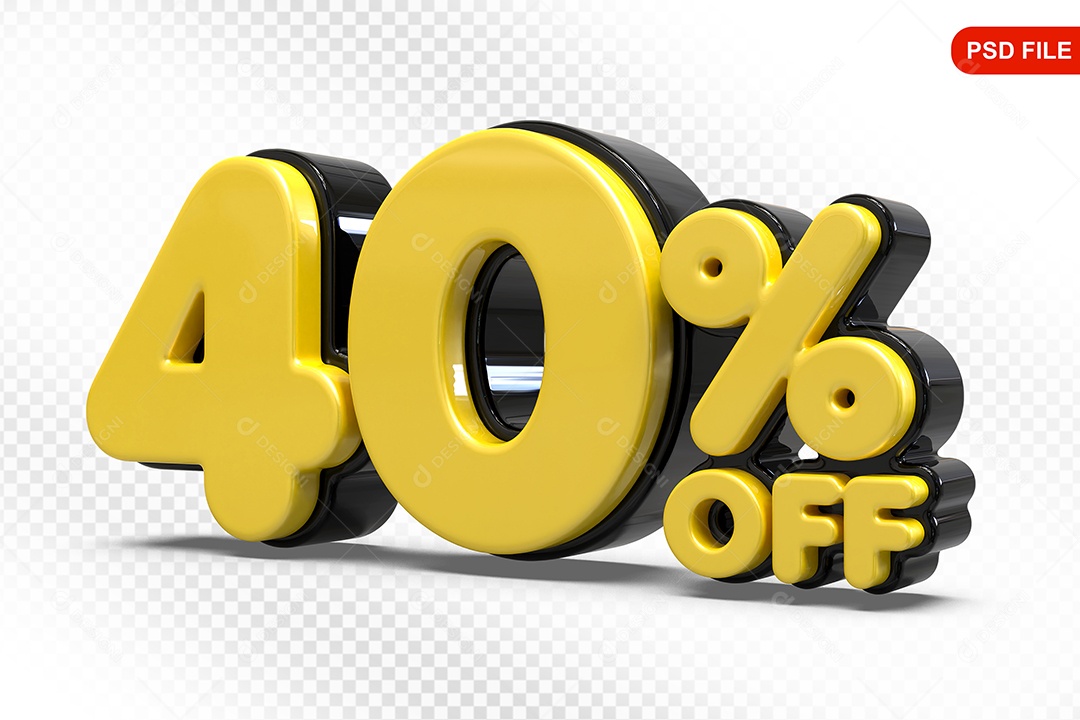 Elemento 3D Número 40% Amarelo com Preto Para Composição PSD